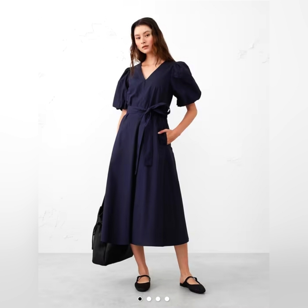 NWT Banana Republic Puff-Sleeve Poplin Midi Dress Size XS Petite In Preppy Navy